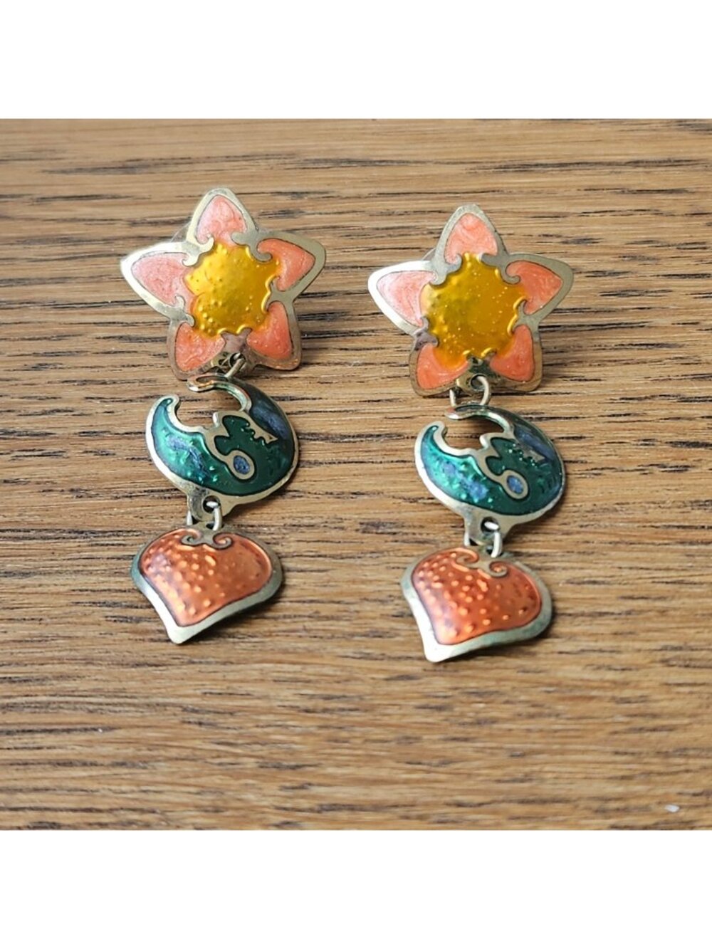 Vintage Enamel Star Moon Heart Dangle Earrings Multicolor Boho 90's artisan